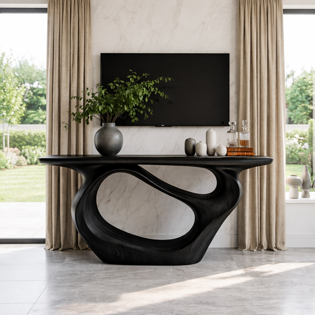 Solid Wood Console Table with Organic Curved Base, Modern Artistic Design