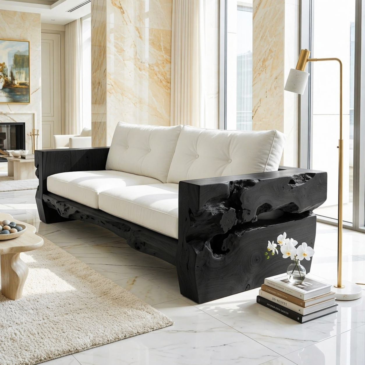 Contemporary Organic Wooden Sofa, Sculptural Luxury Lounge Couch with White Cushions
