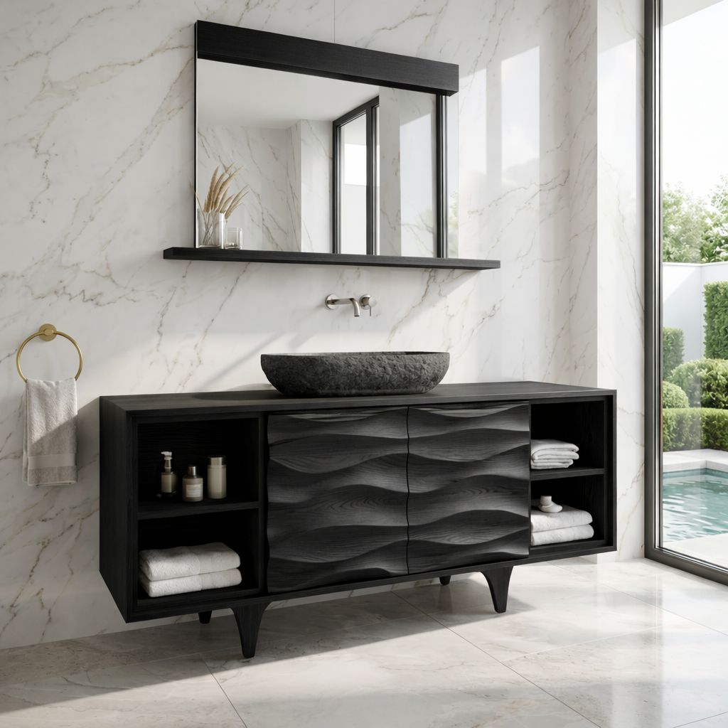 Modern Solid Wood Bathroom Vanity with Textured Doors and Open Shelf Storage