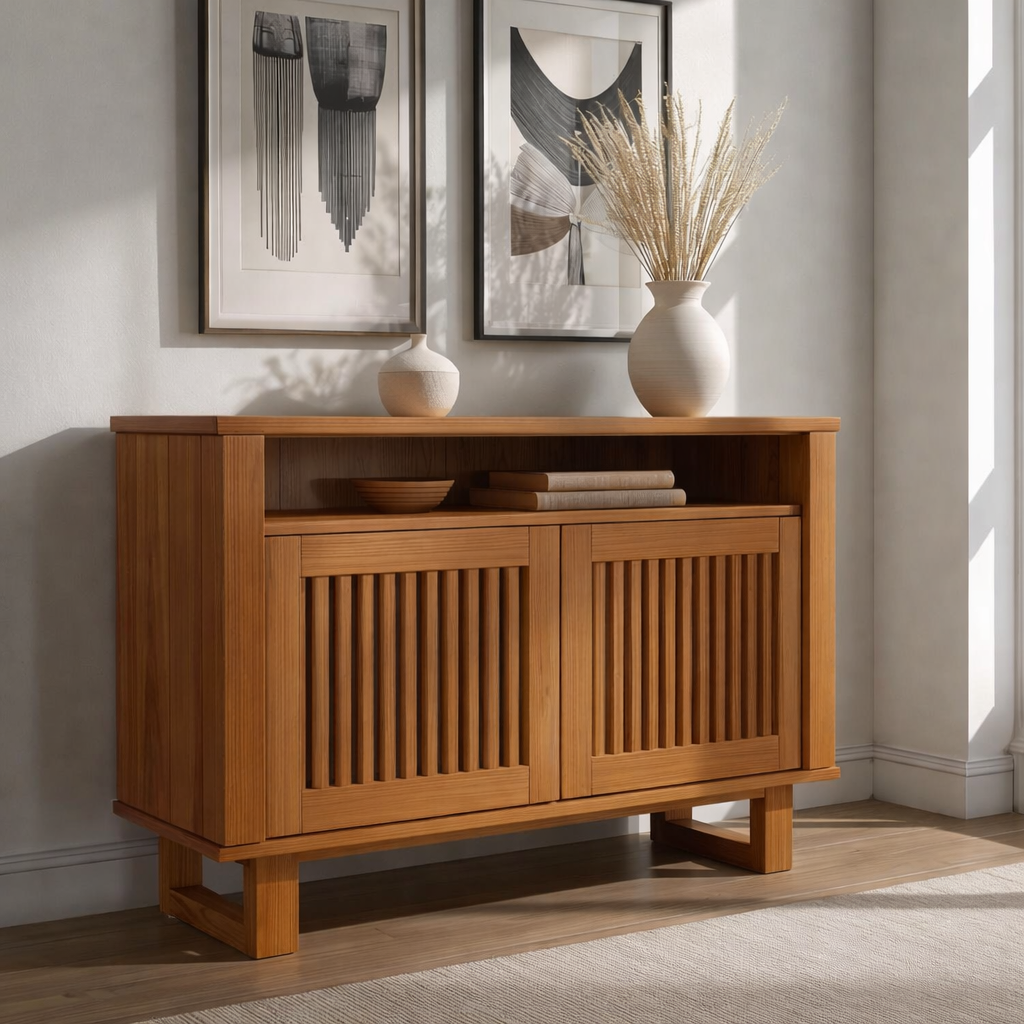 Modern Console Cabinet with Vertical Slatted Doors – Elegant Storage Solution