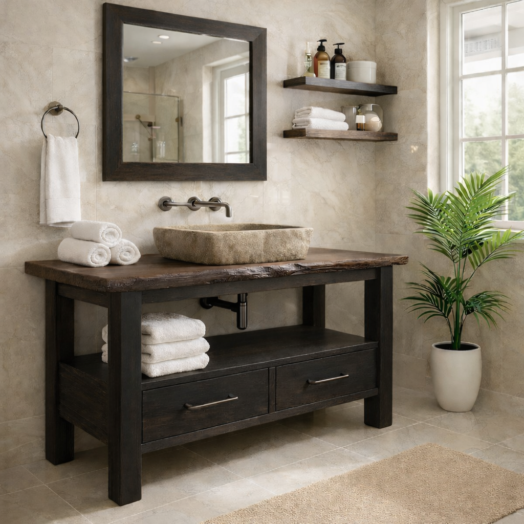 Rustic Solid Wood Bathroom Vanity Cabinet With Drawers And Storage Shelf