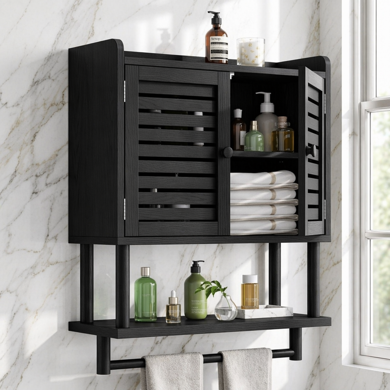 Modern Bathroom Cabinet, Slatted Wall-Mounted Vanity Storage Shelf With Towel Bar