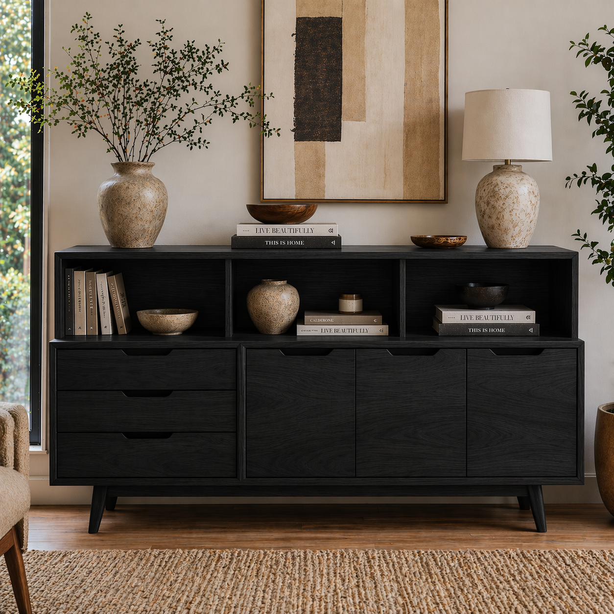 Mid Century Solid Wood Console Cabinet with Drawers & Open Shelf Storage
