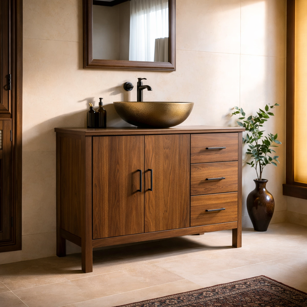 Solid Wood Bathroom Vanity with 3 Drawers and Double Door Cabinet for Storage