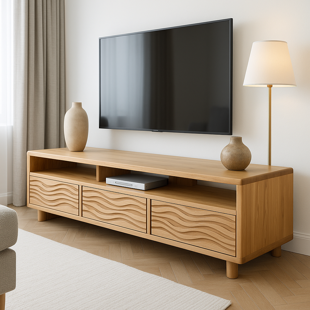 Solid Wood TV Stand Modern Oak Media Console with Wave Drawers and Open Storage