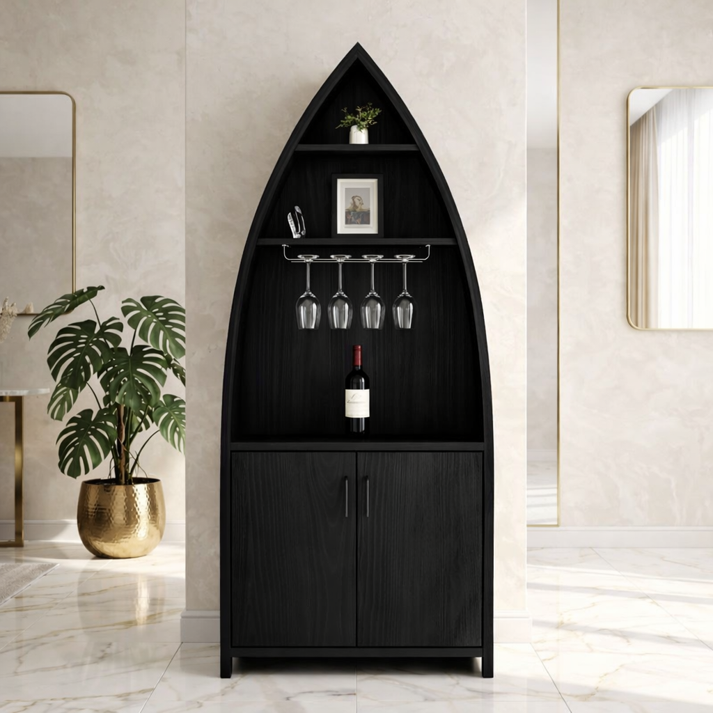 Modern Boat Shaped Bar Cabinet with Glass Rack and Concealed Storage
