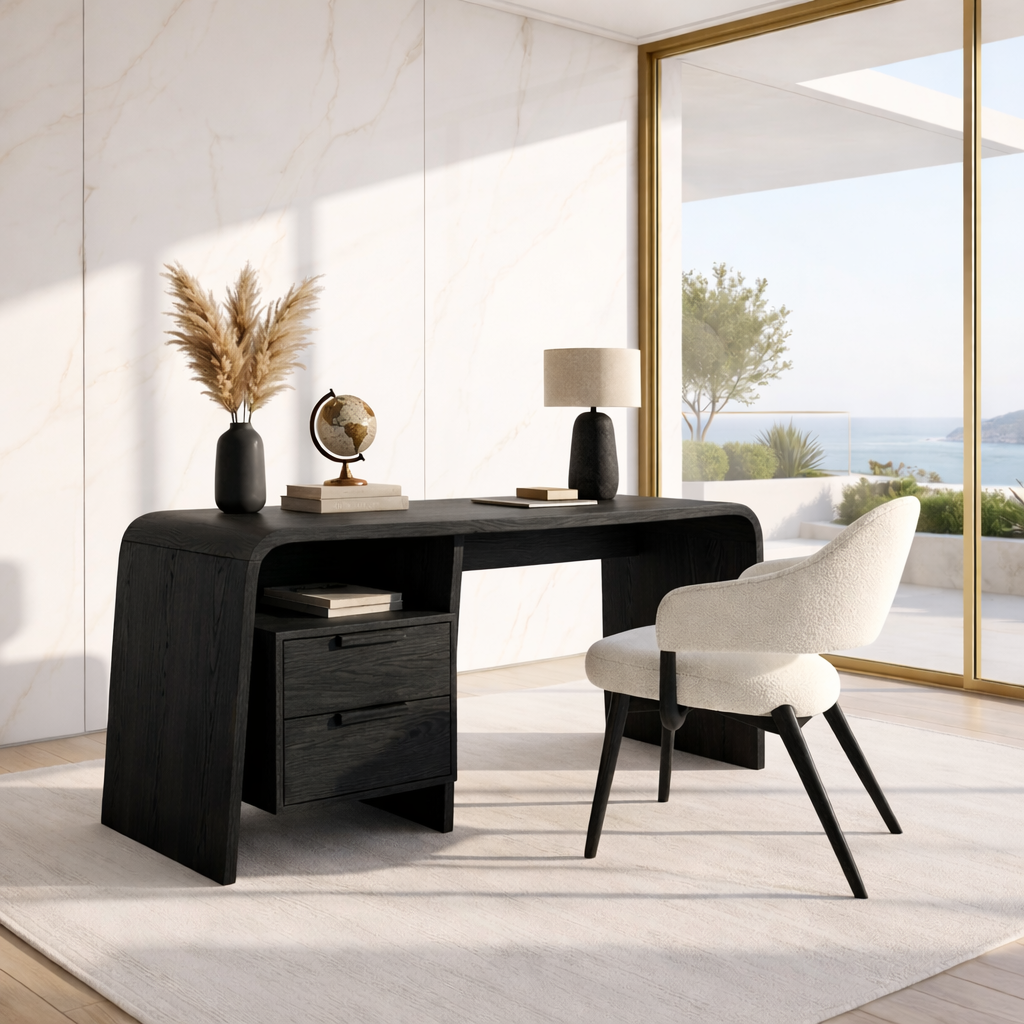 Modern Curved Writing Desk with Drawers Home Office Work Table Minimal Design