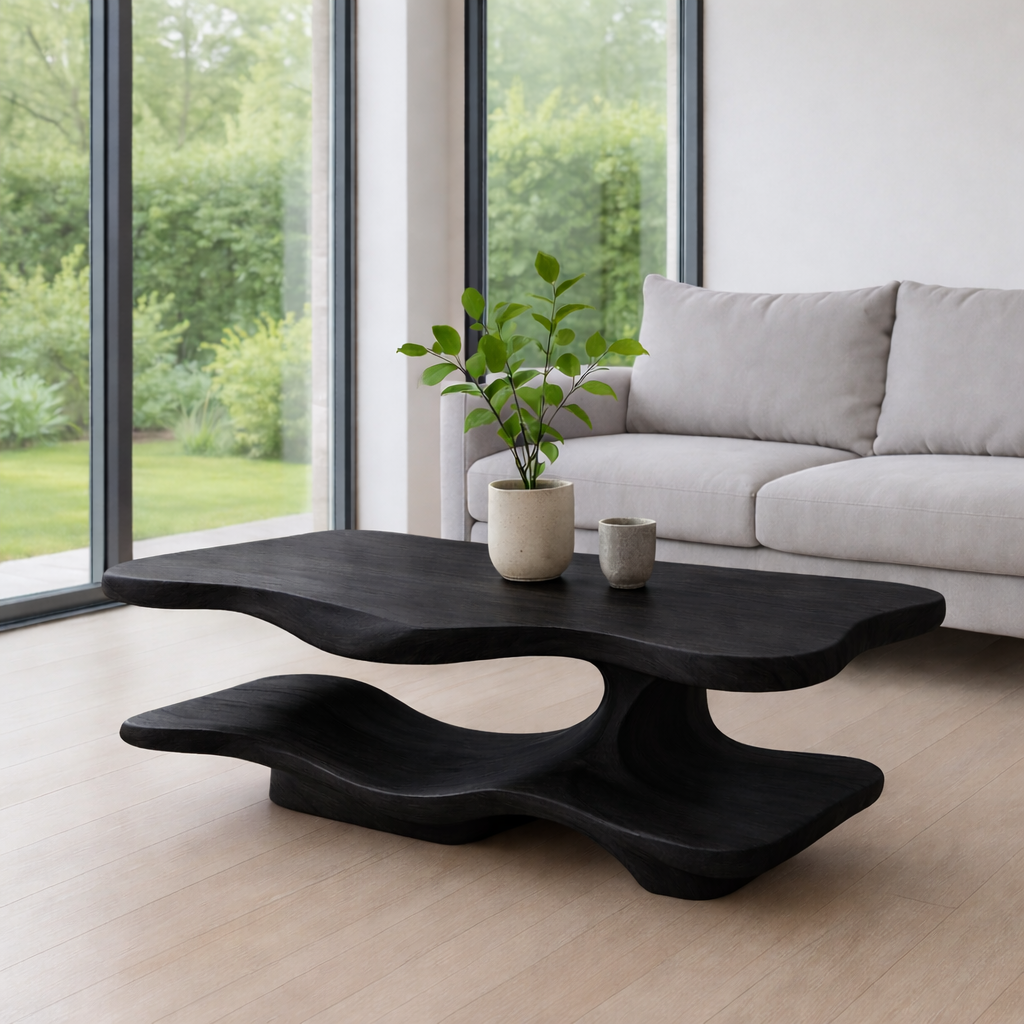Solid Wood Coffee Table with Sculptural Curved Base and Organic Shape for Living Room