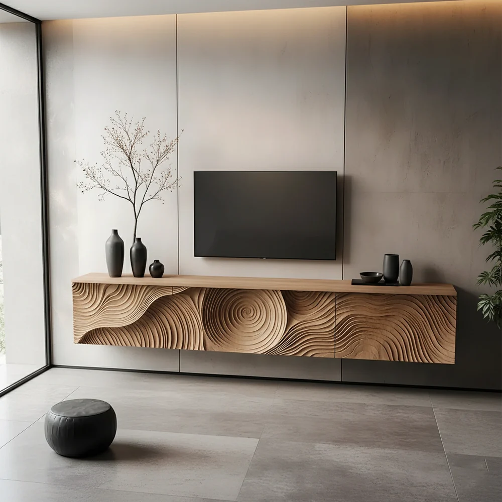Solid Wood Floating TV Stand Modern Wall Mounted Media Console with Carved Front