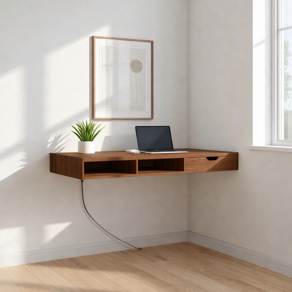 Floating Corner Desk – Minimal Walnut Wall Workstation