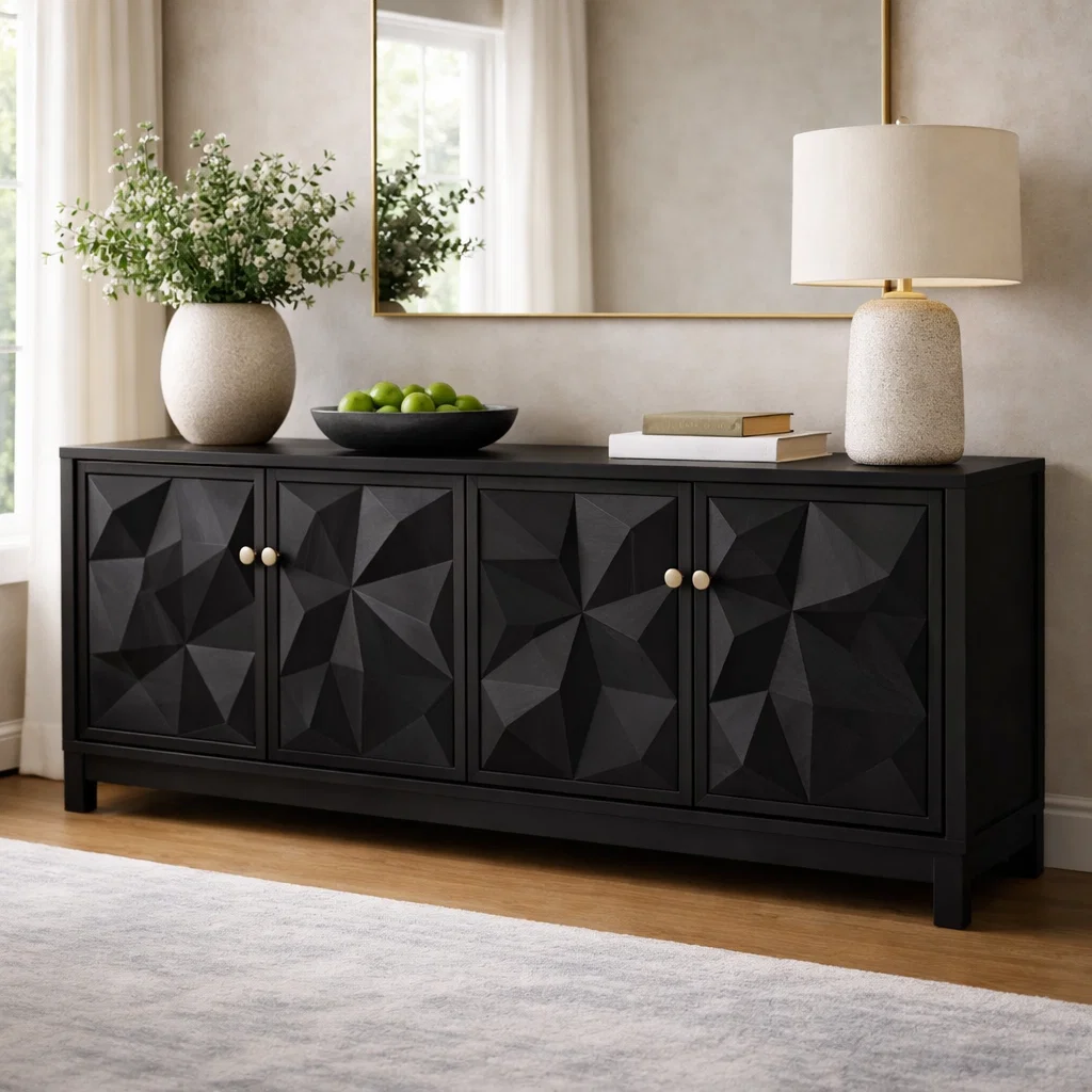 Solid Wood Console Cabinet with Geometric Carved Doors
