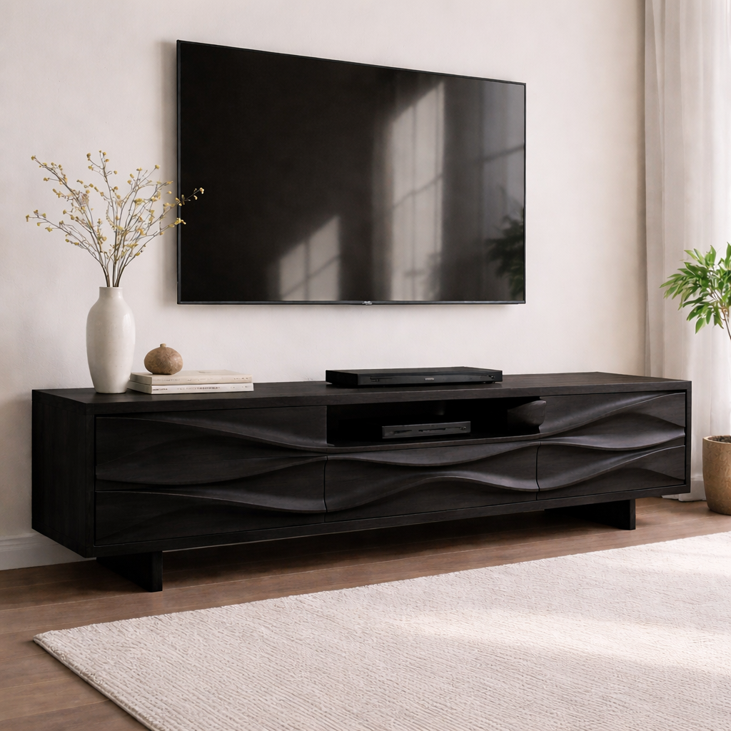 Solid Wood TV Console with Wave Front Design and Media Storage