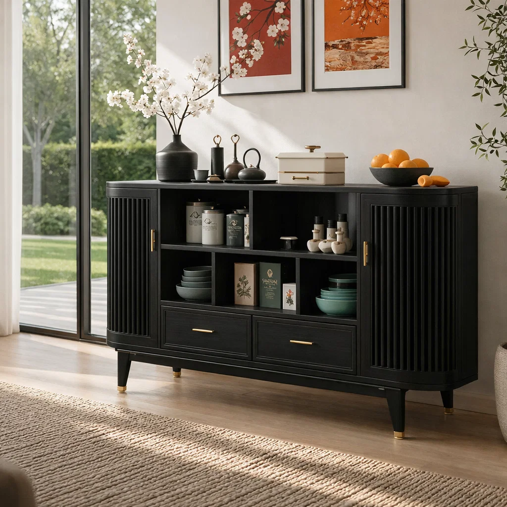 Mid Century Solid Wood Console Sideboard with Slatted Doors – Walnut Storage Cabinet