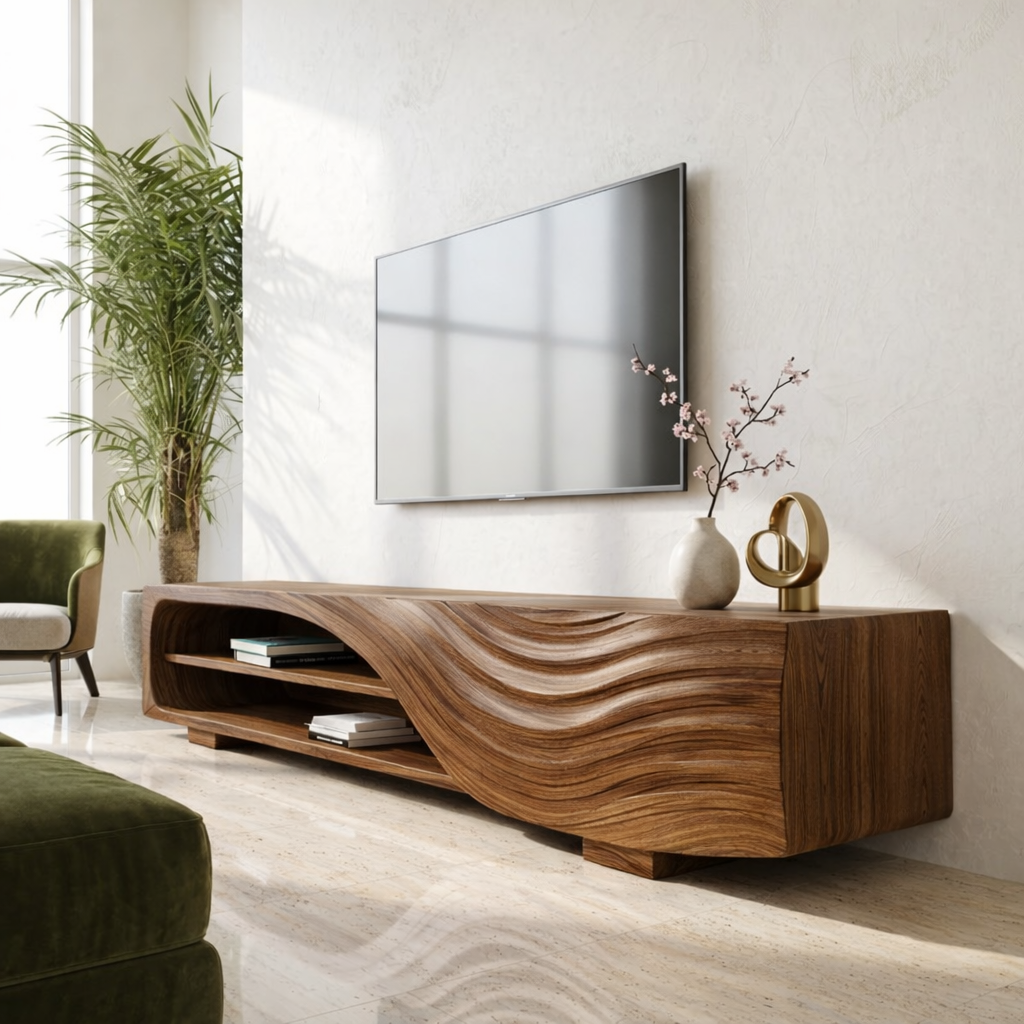 Solid Wood TV Stand with Curved Wave Design, Modern Media Console Cabinet