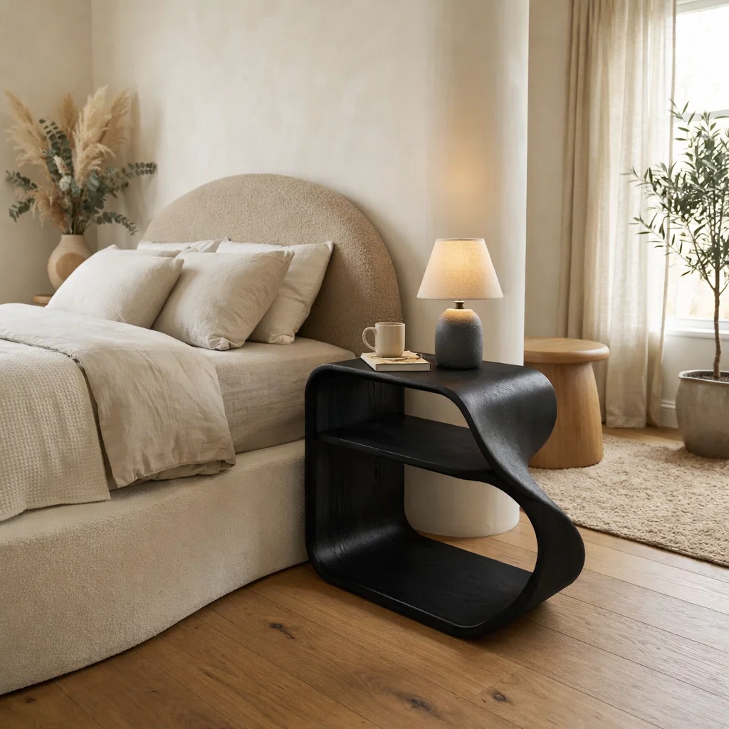 Solid Wood Curved Nightstand with Open Shelf – Modern Minimalist Bedside Table