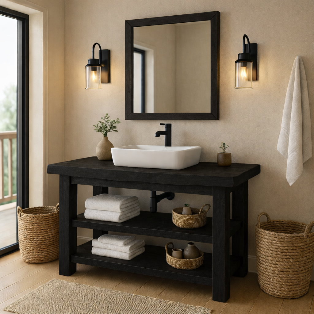 Rustic Solid Wood Bathroom Vanity with Vessel Sink and Open Storage