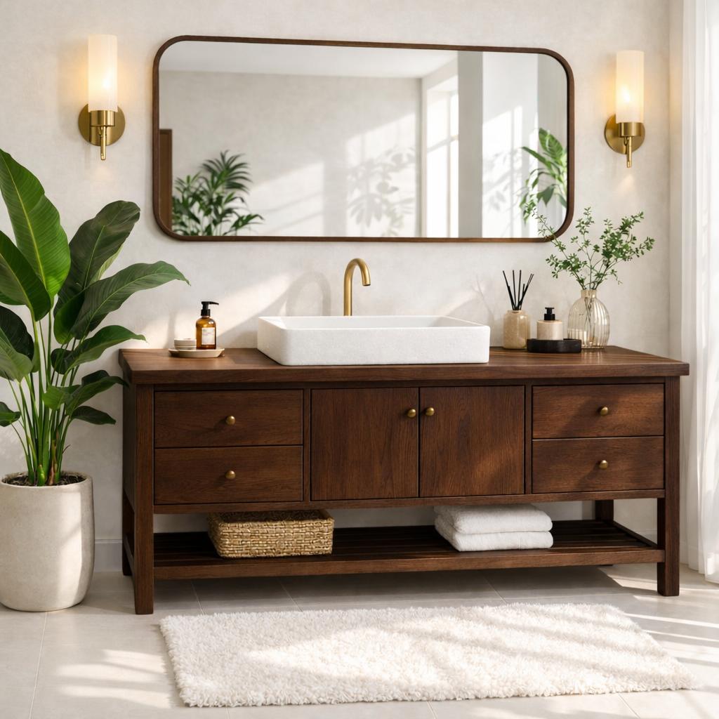 Rustic Bathroom Vanity with Open Shelves and Elegant Brass Faucet
