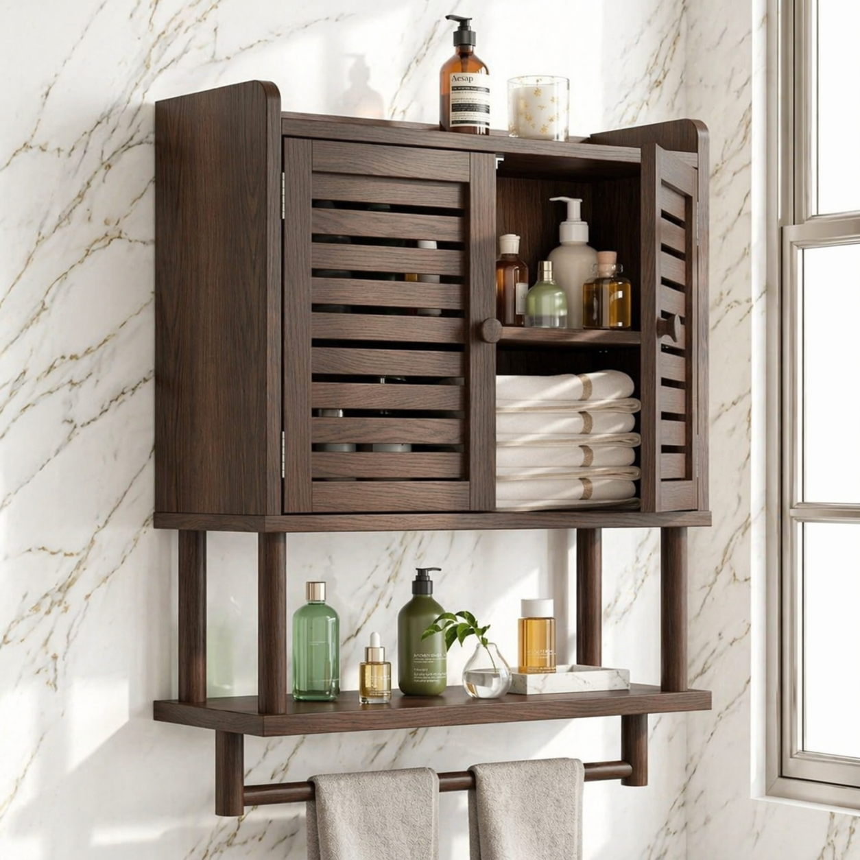 Modern Bathroom Cabinet, Slatted Wall-Mounted Vanity Storage Shelf With Towel Bar