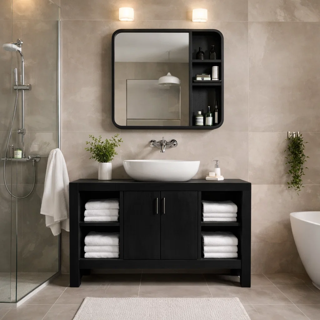 Modern Solid Wood Bathroom Vanity Cabinet with Open Shelves & Double Doors