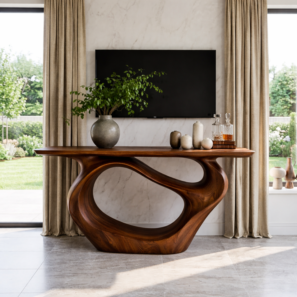 Solid Wood Console Table with Organic Curved Base, Modern Artistic Design