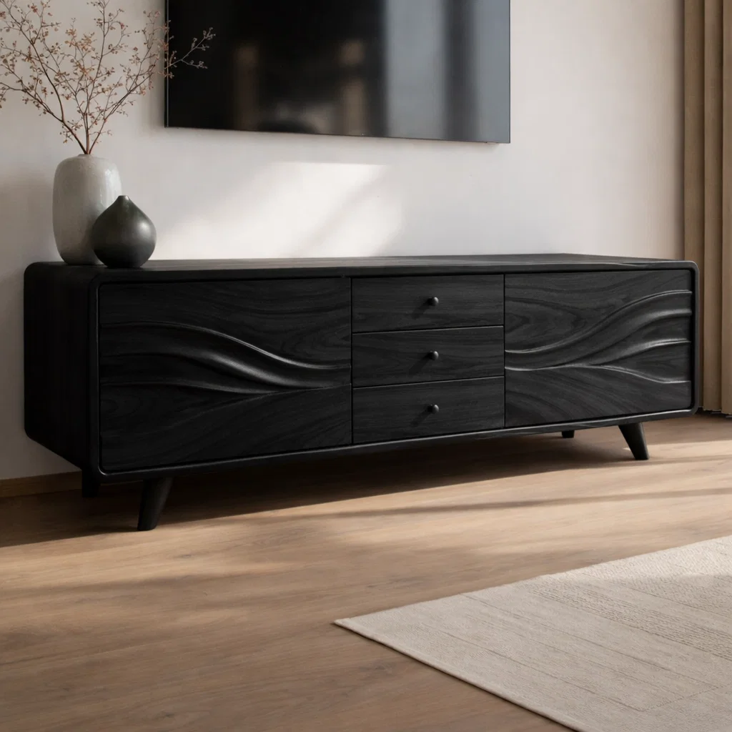 Solid Wood Wave Front TV Cabinet with Drawers – Modern Low Media Console Stand
