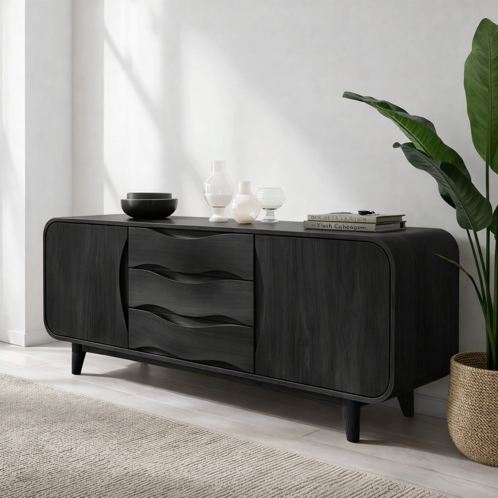 Solid Wood Console Table with Wave Drawers – Modern Entryway Storage Cabinet