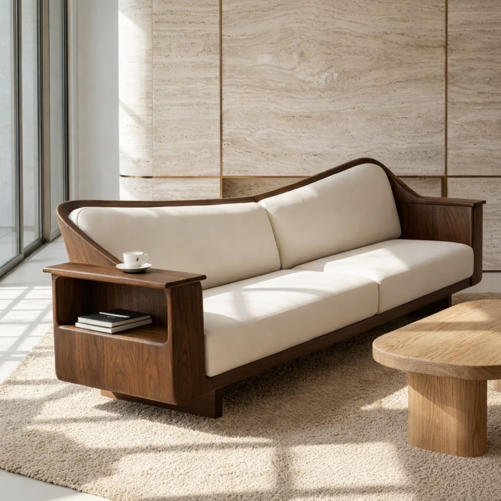 Modern Curved Solid Wood Sofa with Built-in Side Shelf White Leather Couch