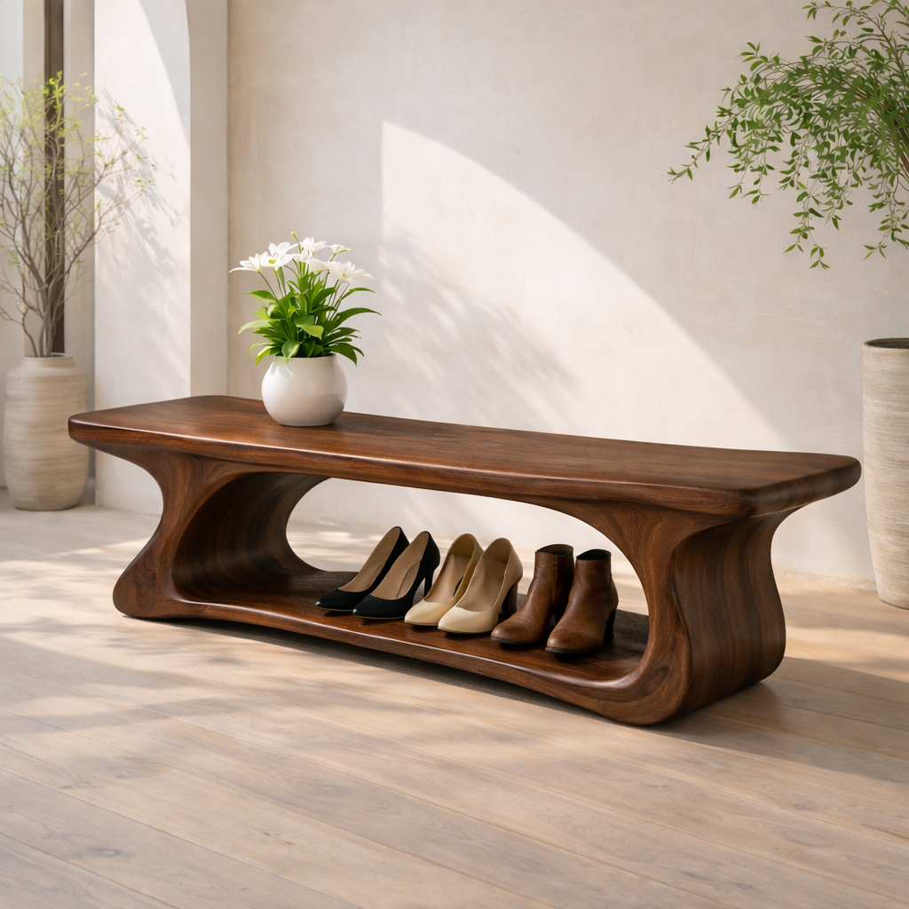 Sculptural Solid Wood Storage Bench, Modern Organic Entryway Shoe Bench