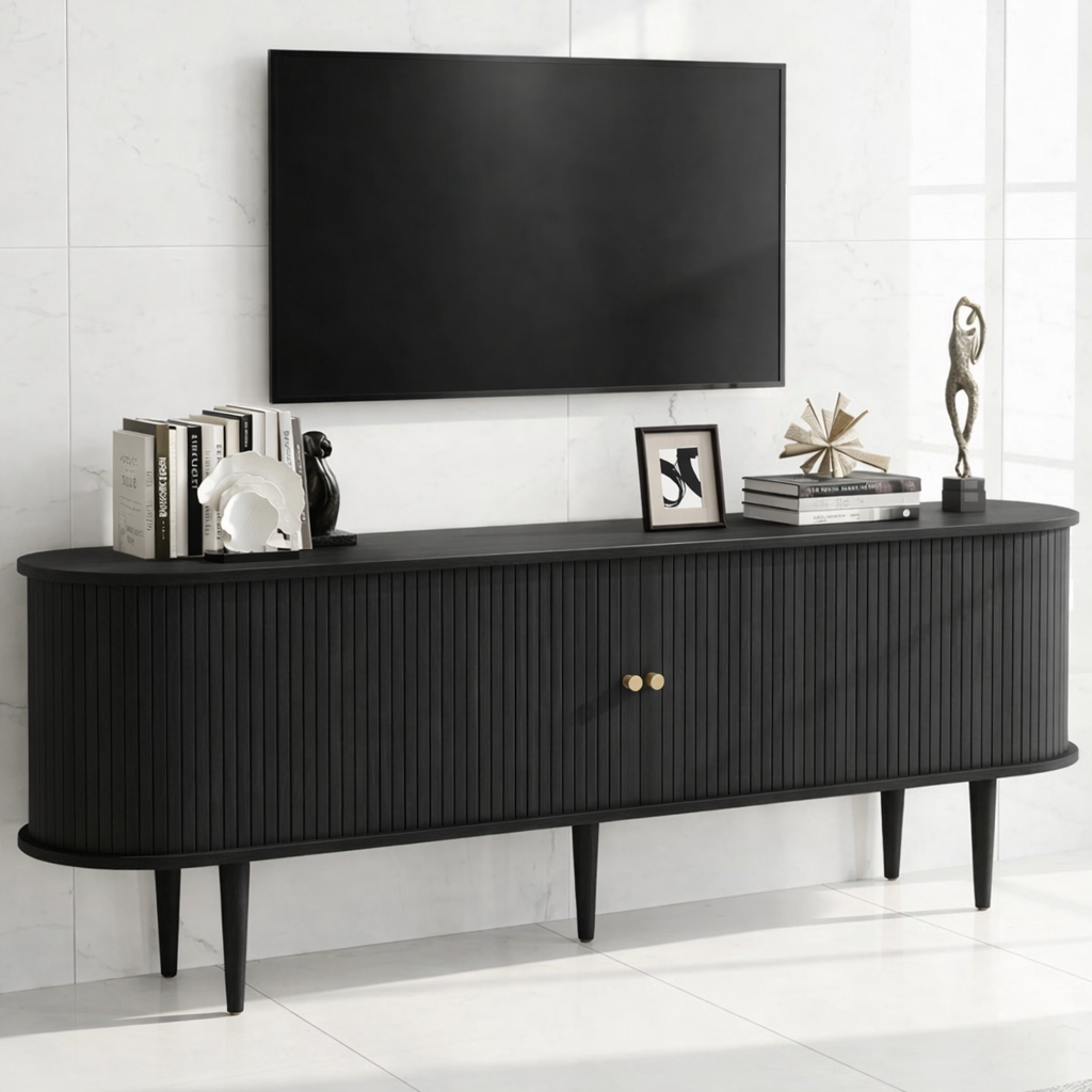 Fluted Solid Wood TV Stand Curved Edge Media Console Mid Century Style Storage