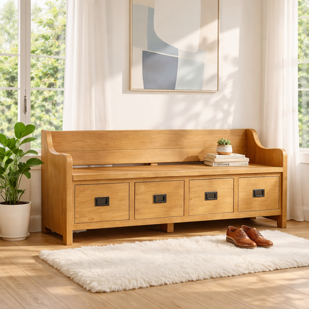 Solid Wood Storage Bench with Drawers, Entryway Hallway Seating Cabinet