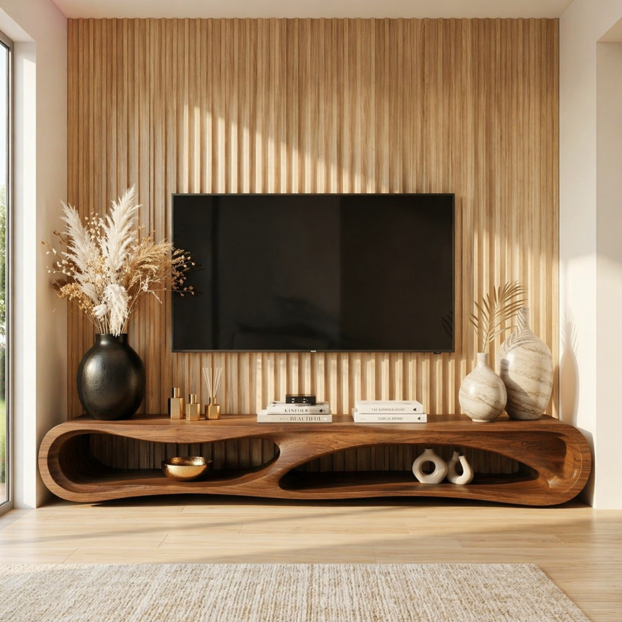 Organic Curved Entertainment Console, Sculptural TV Stand for Luxury Living Rooms