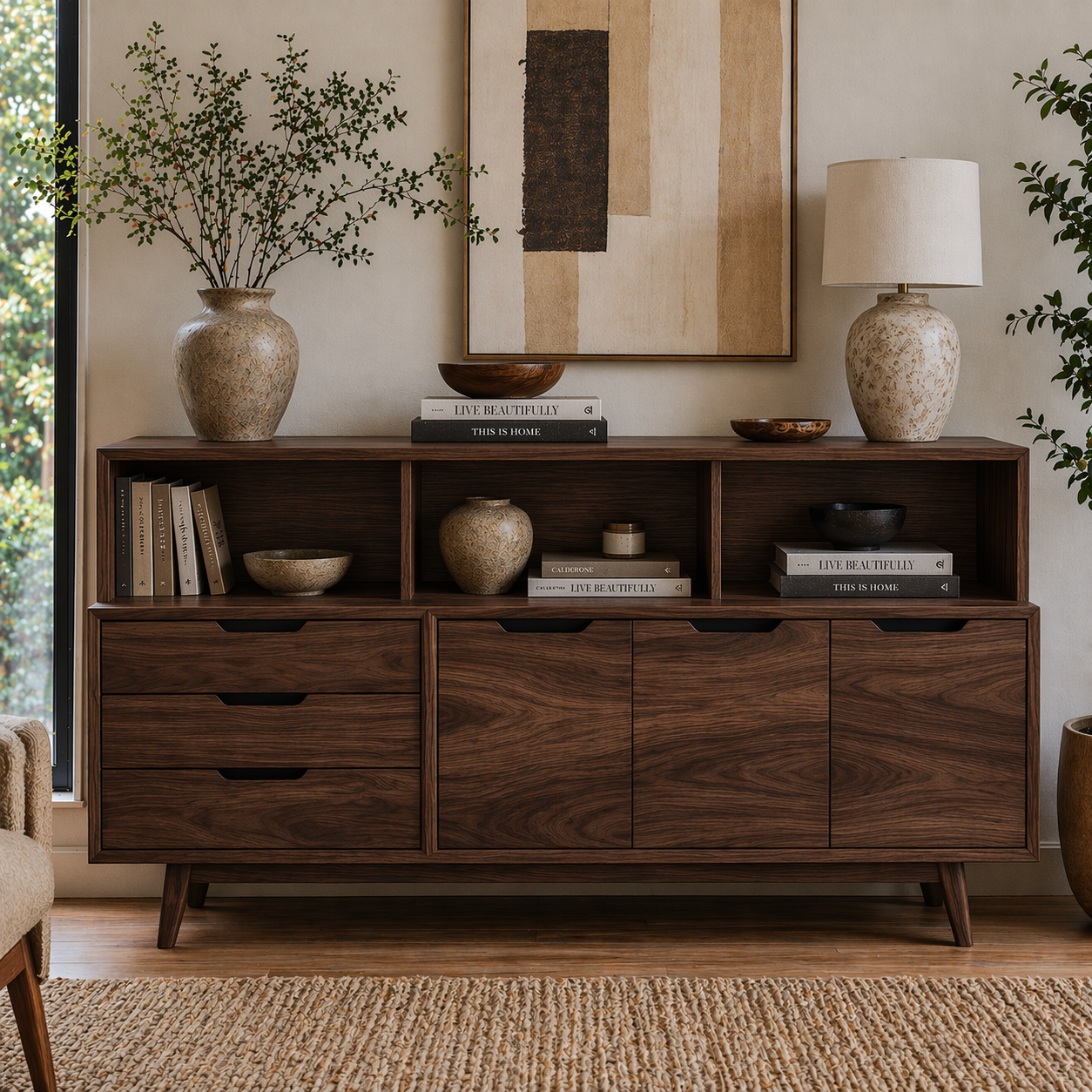 Mid Century Solid Wood Console Cabinet with Drawers & Open Shelf Storage