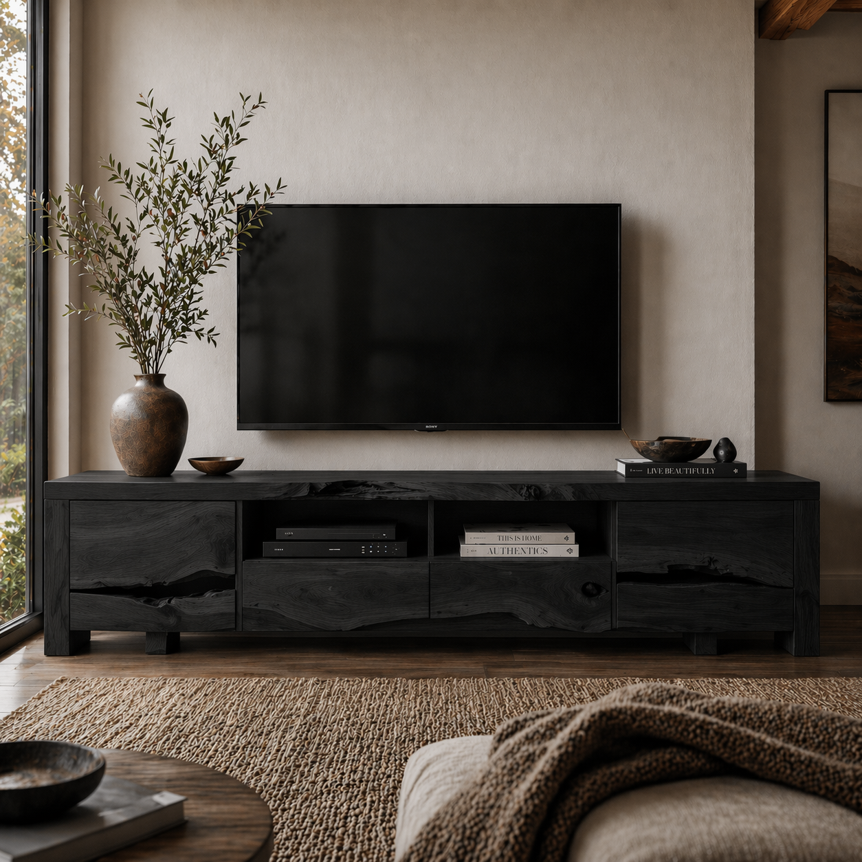 Solid Wood Media Console with Live Edge, Rustic Modern TV Stand with Storage Drawers
