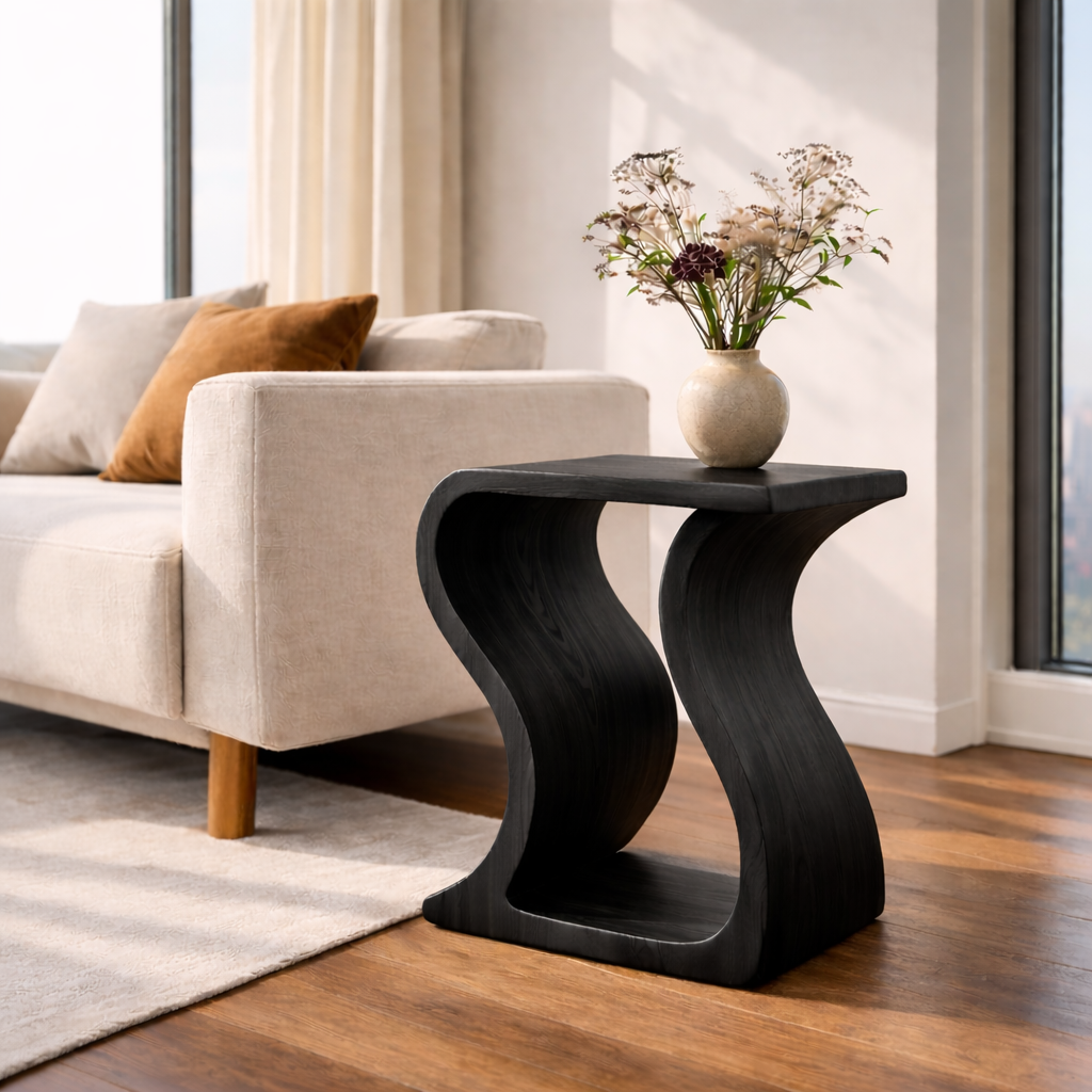 Modern Solid Wood End Table – Sculptural Curved Wooden Side Table for Living Room