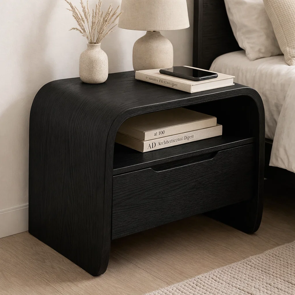 Curved Solid Wood End Table with Drawer and Shelf – Modern Bedside Nightstand