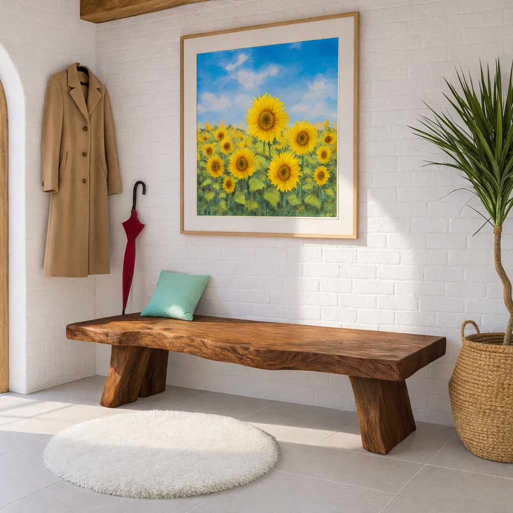 Solid Wood Entryway Bench with Sculptural Legs, Handmade Rustic Hallway Seat