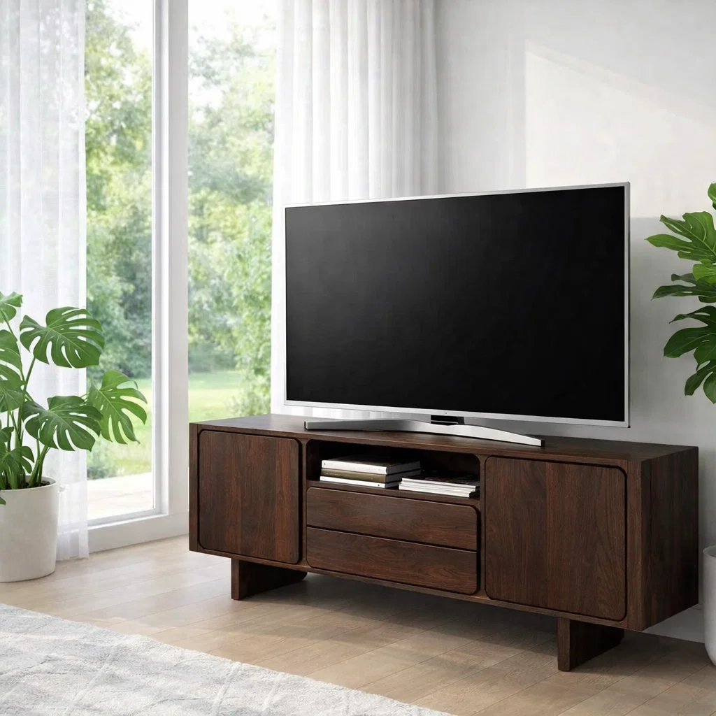 Solid Wood TV Console with Cabinets & Drawer – Modern Media Stand