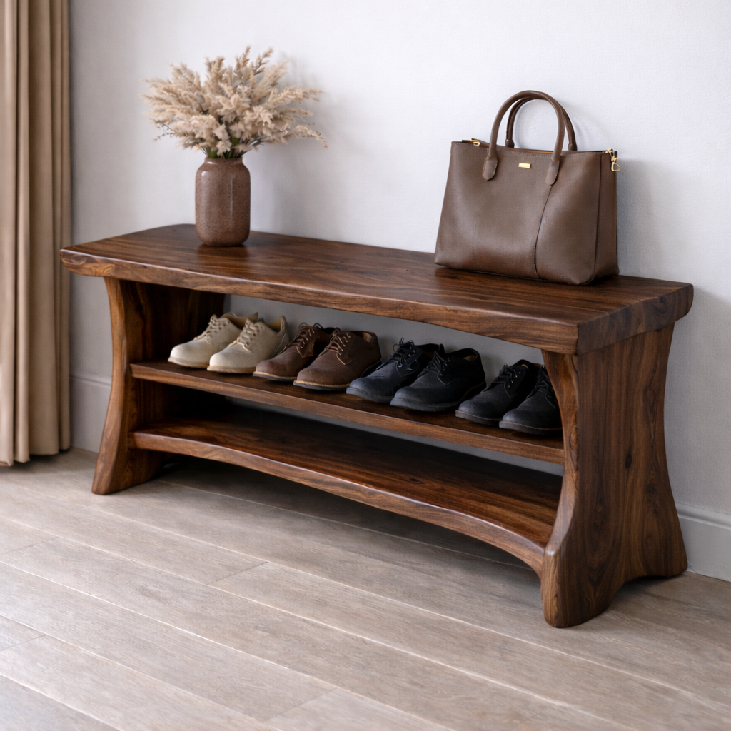 Solid Wood Entryway Bench with Shoe Storage Shelf – Natural Wood Shoe Rack Bench