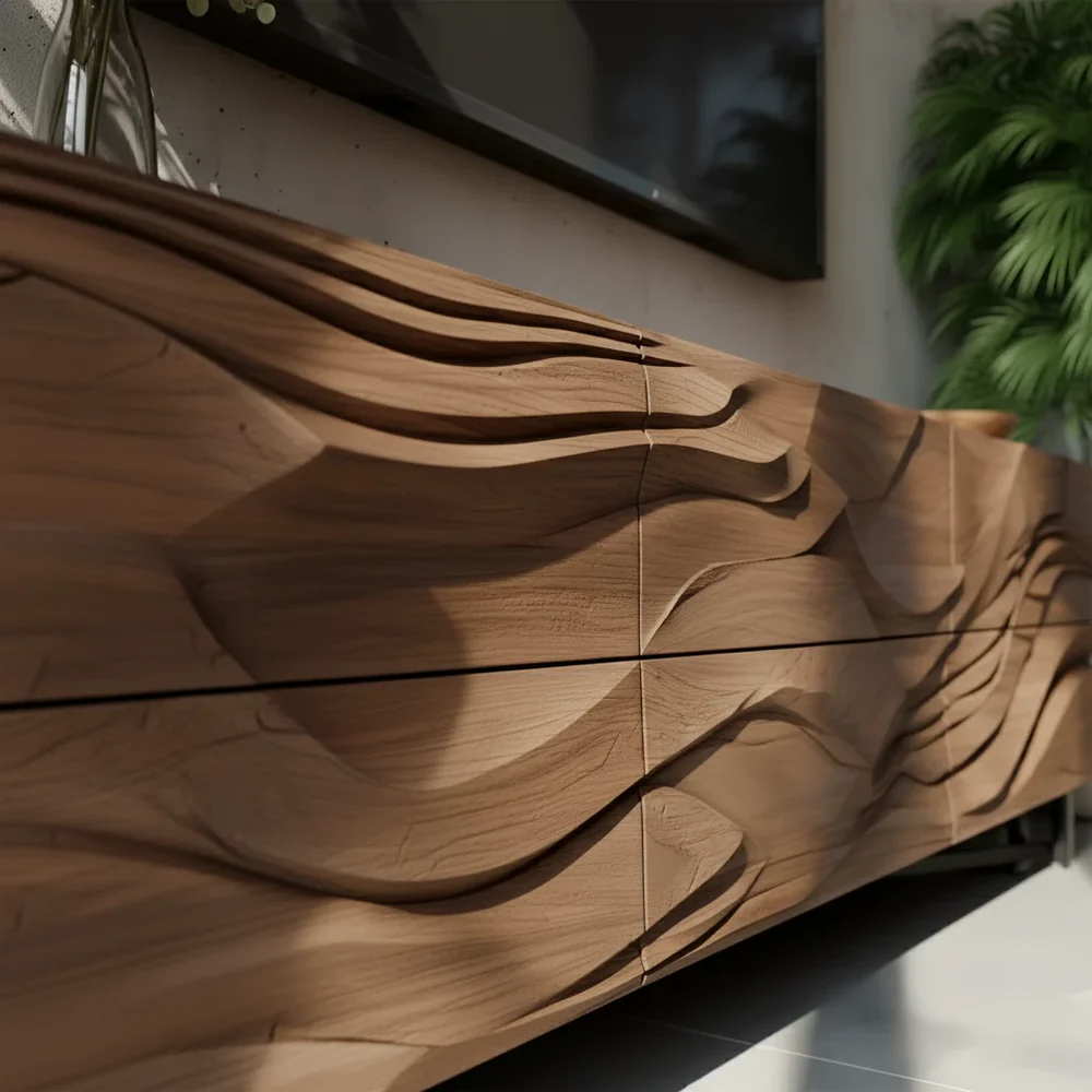 Solid Wood TV Stand Modern Walnut Media Console with Sculpted Wave Doors