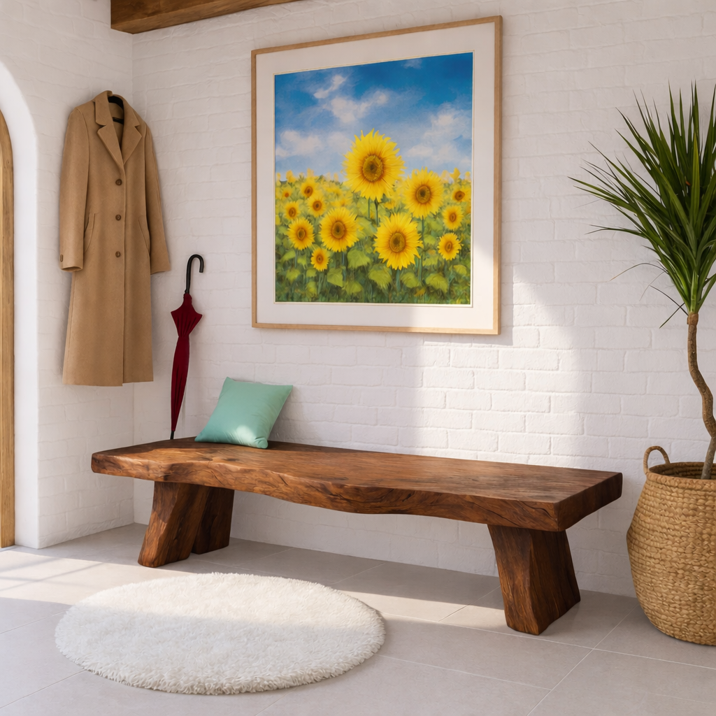 Solid Wood Entryway Bench with Sculptural Legs, Handmade Rustic Hallway Seat