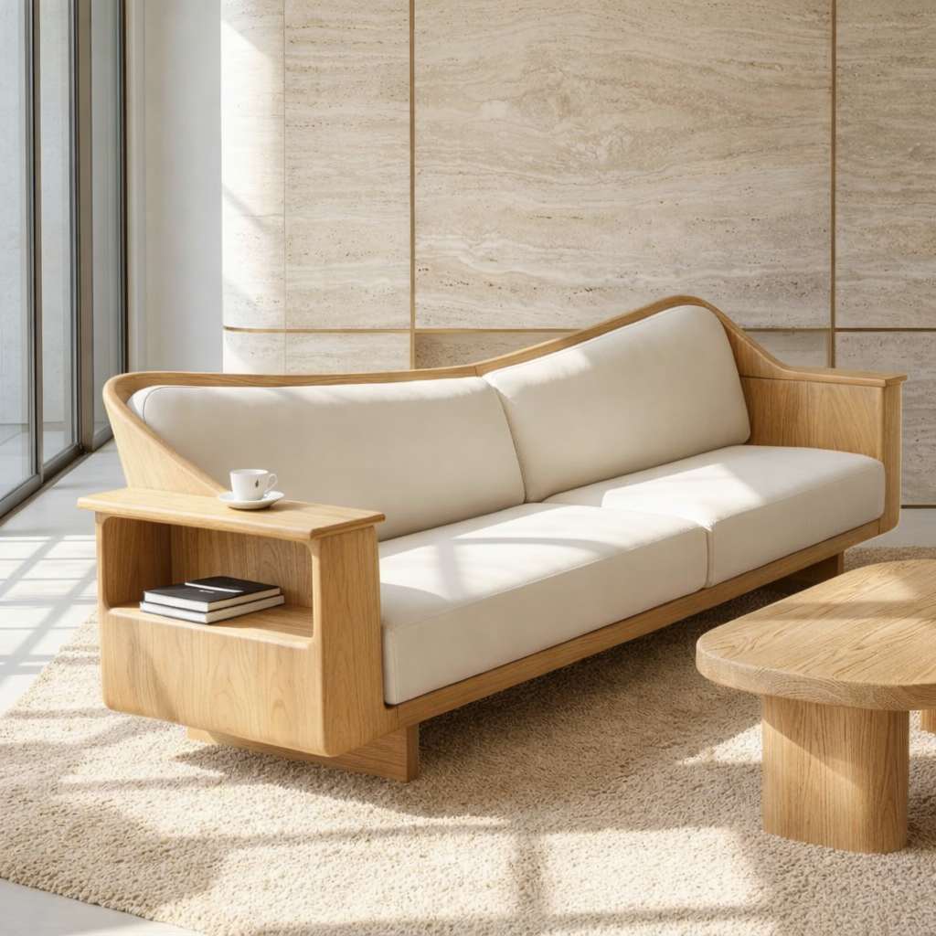 Modern Curved Solid Wood Sofa with Built-in Side Shelf White Leather Couch