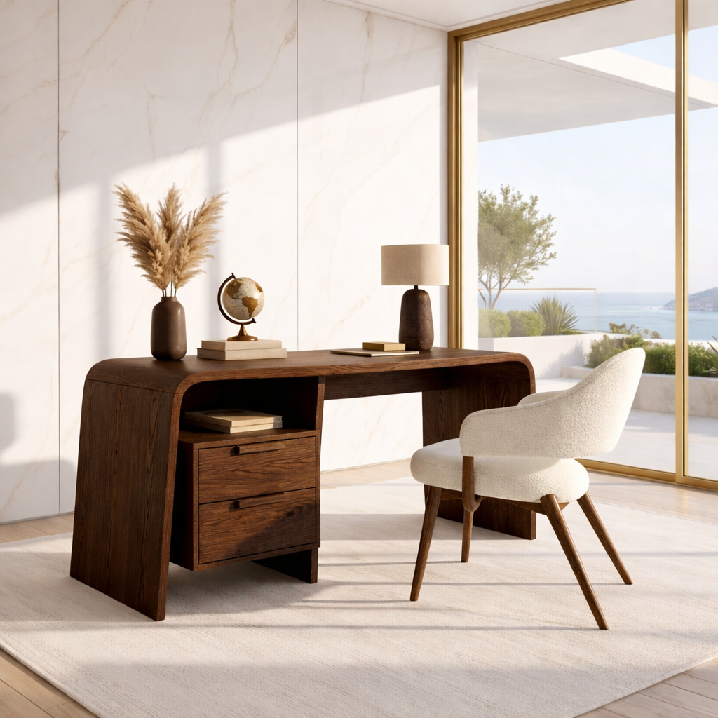 Modern Curved Writing Desk with Drawers Home Office Work Table Minimal Design
