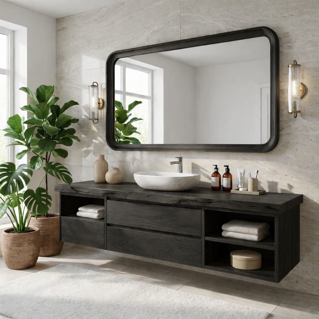 Elegant Floating Vanity with Natural Wood Finish, Wall-Mounted Modern Bathroom Storage