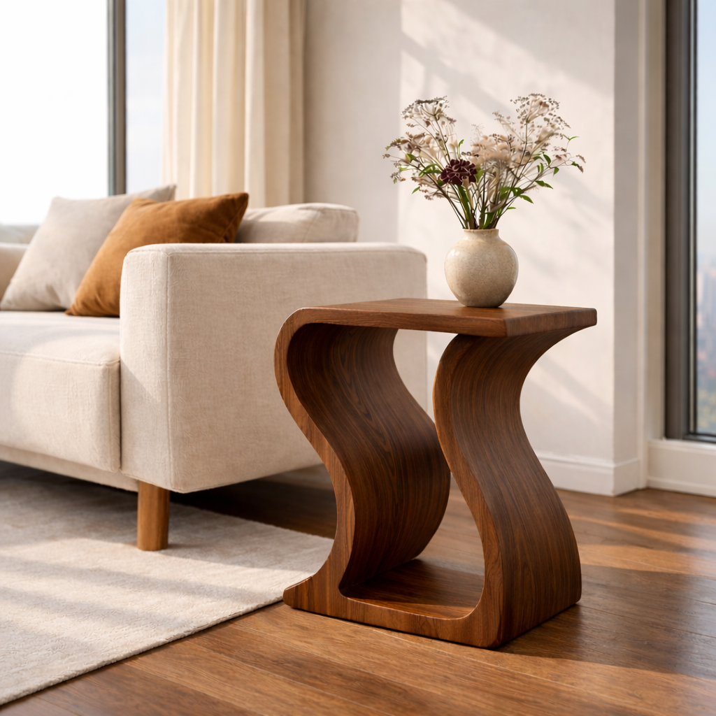 Modern Solid Wood End Table – Sculptural Curved Wooden Side Table for Living Room