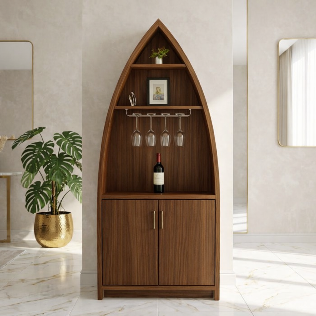 Modern Boat Shaped Bar Cabinet with Glass Rack and Concealed Storage
