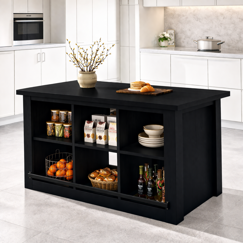 Large Kitchen Island with Open Storage Cubes, Modern Prep Table for Kitchen Dining Space