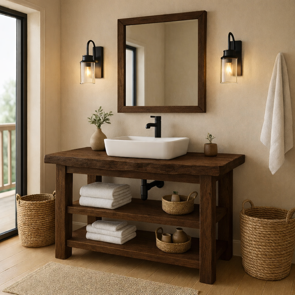 Rustic Solid Wood Bathroom Vanity with Vessel Sink and Open Storage