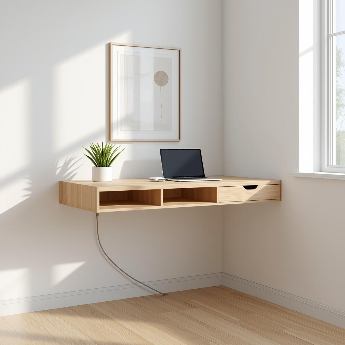 Floating Corner Desk – Minimal Walnut Wall Workstation