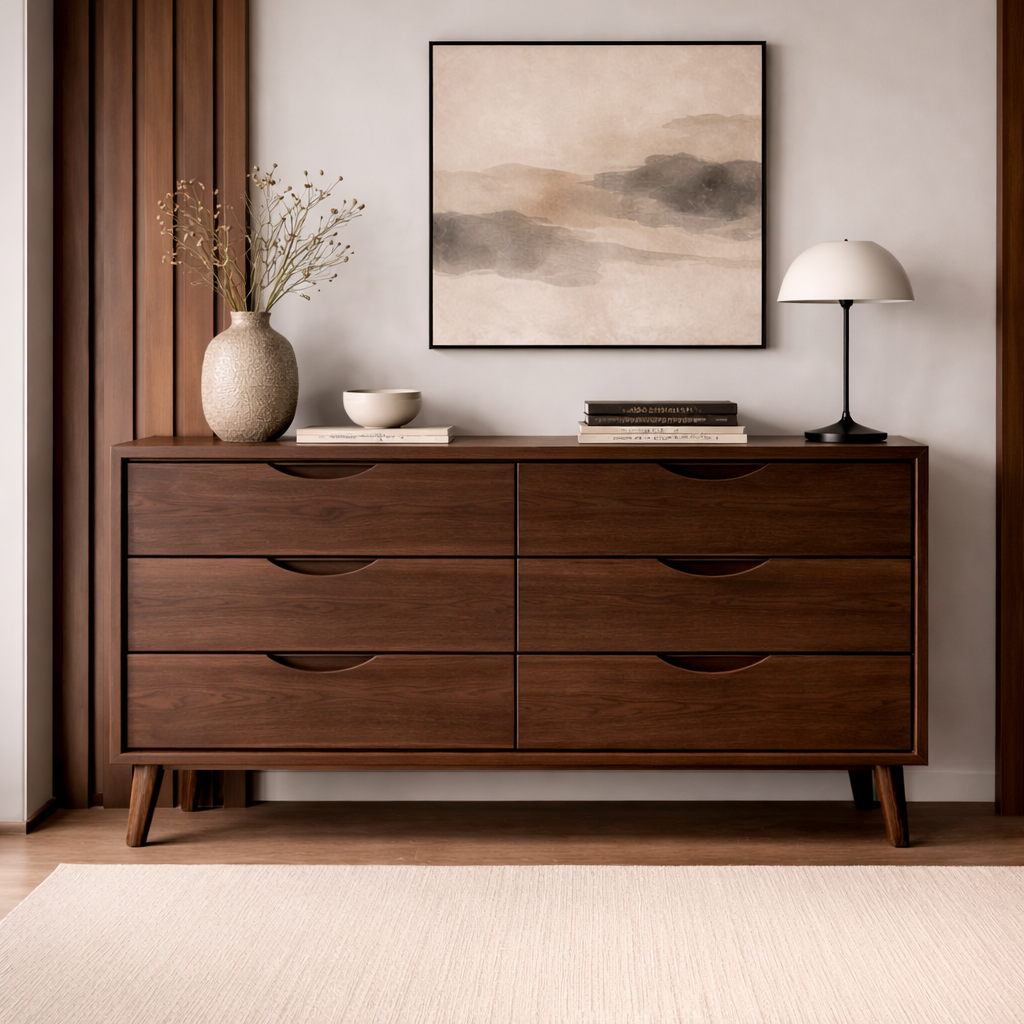 Solid Wood Console Cabinet with 6 Drawers – Modern Mid-Century Storage Sideboard