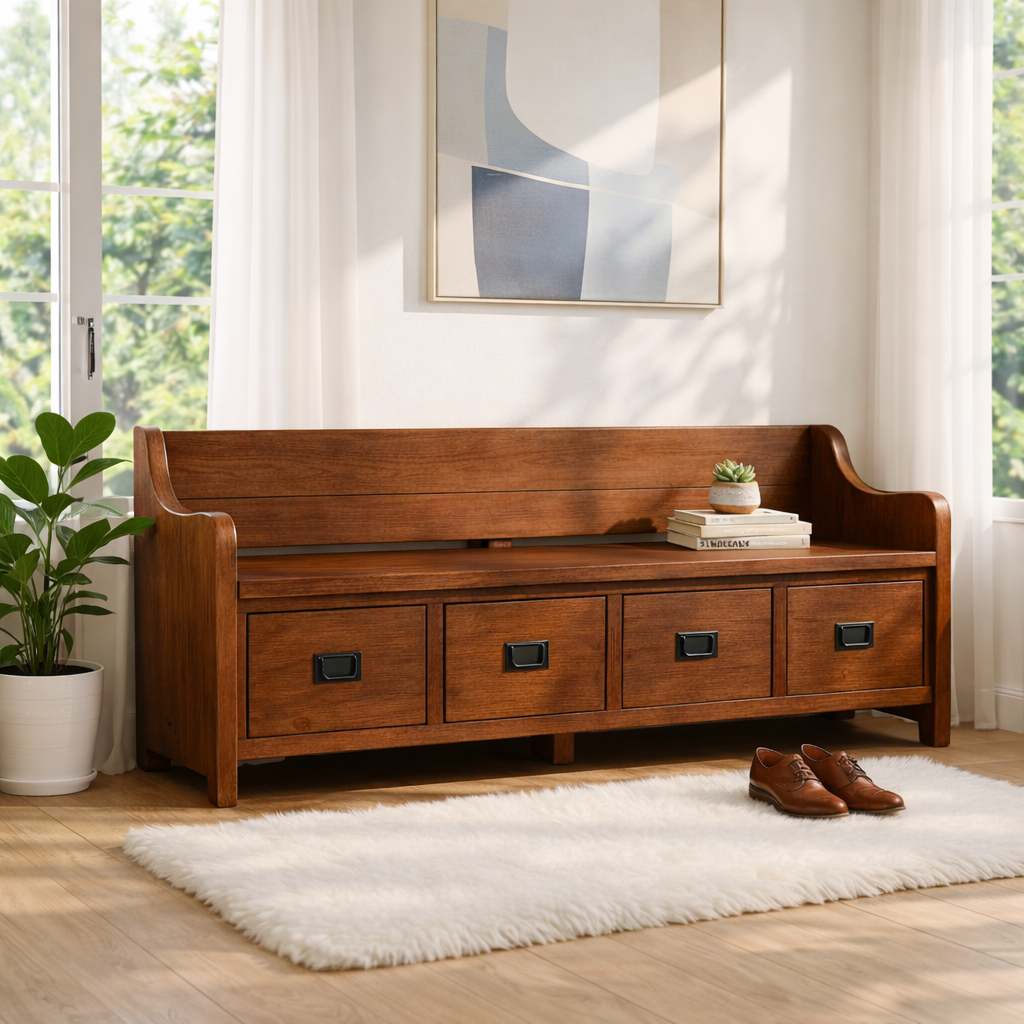Solid Wood Storage Bench with Drawers, Entryway Hallway Seating Cabinet